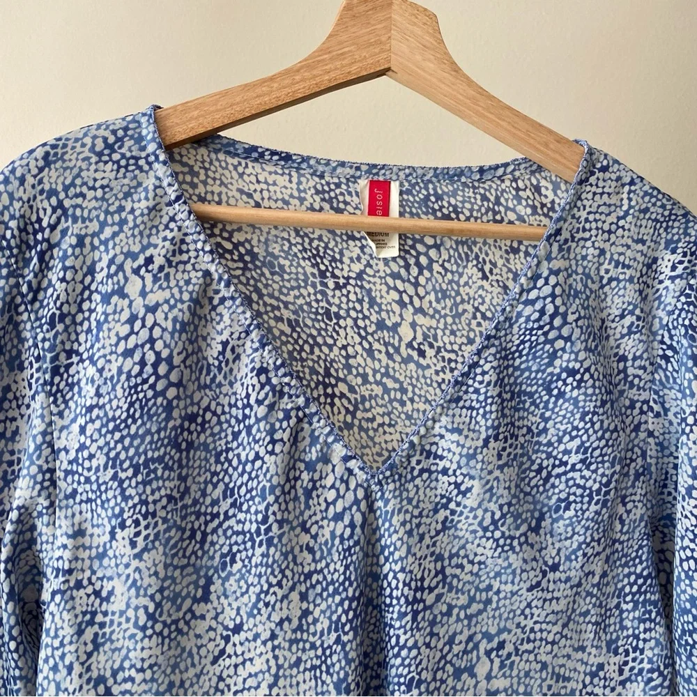 Natori Josie V Neck Long Sleeve Tunic Mini Dress Snake Animal Print Medium Blue
